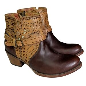 Cuadra Ankle Boots Womens Size 9 Brown Leather Side Zip Buckle Laser Cut Western